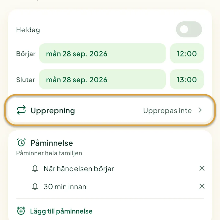 Formuläret för en ny händelse. Raden Upprepning är inringad.
