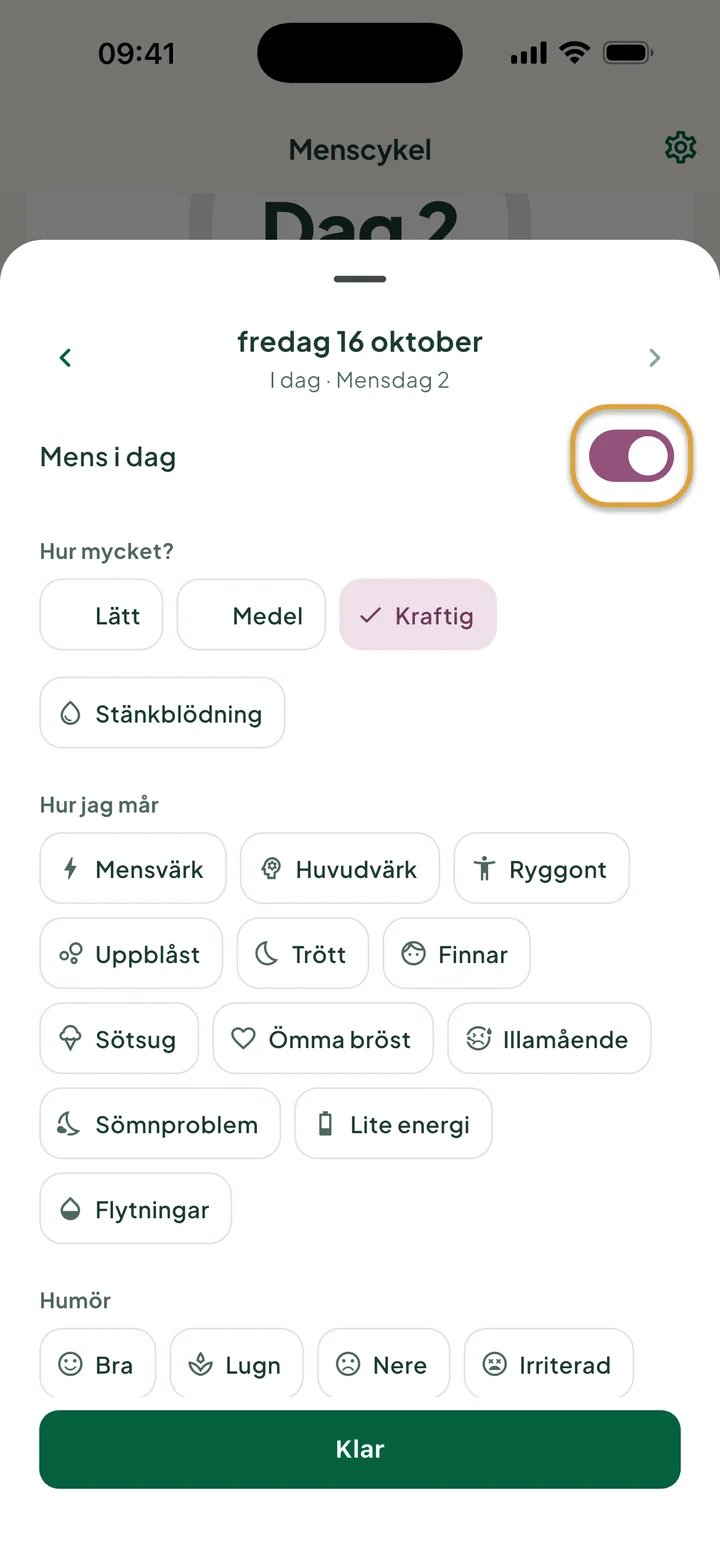 Rutan för fredag 16 oktober: Mens i dag är på och Kraftig är valt. Reglaget är inringat.