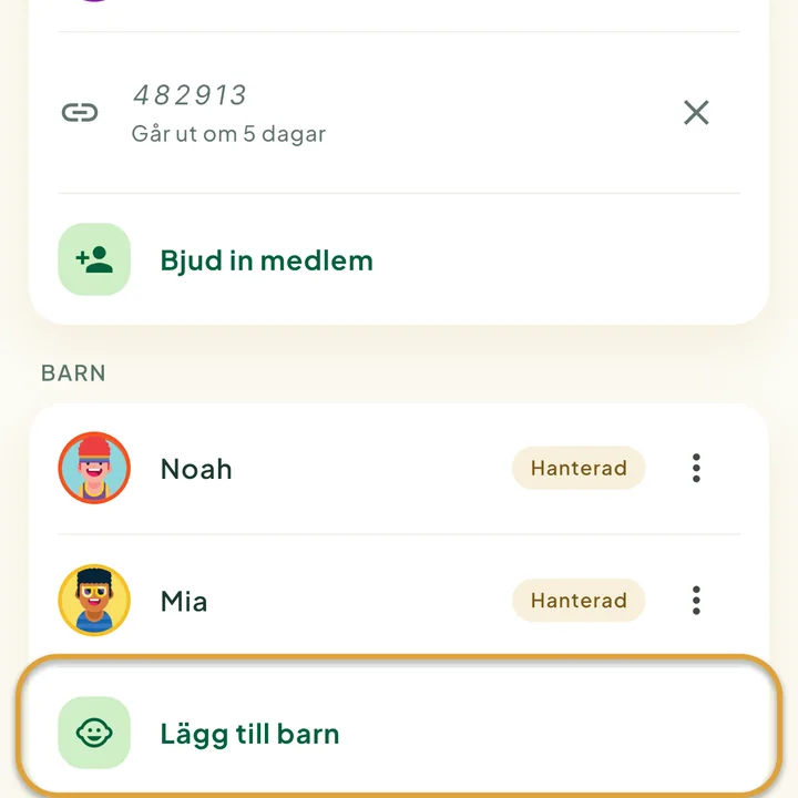 Avsnittet Barn på familjeskärmen med två barn. Raden Lägg till barn är inringad.