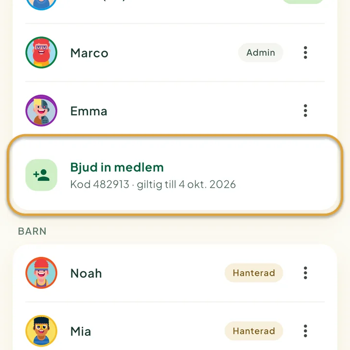 Familjeskärmen. Bjud in medlem, med den aktuella koden och dess slutdatum under, är inringad.