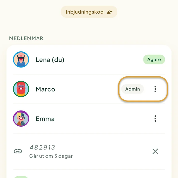 Medlemslistan på familjeskärmen med etiketterna Ägare och Admin. Etiketten Admin och knappen ⋮ bredvid Marco är inringade.