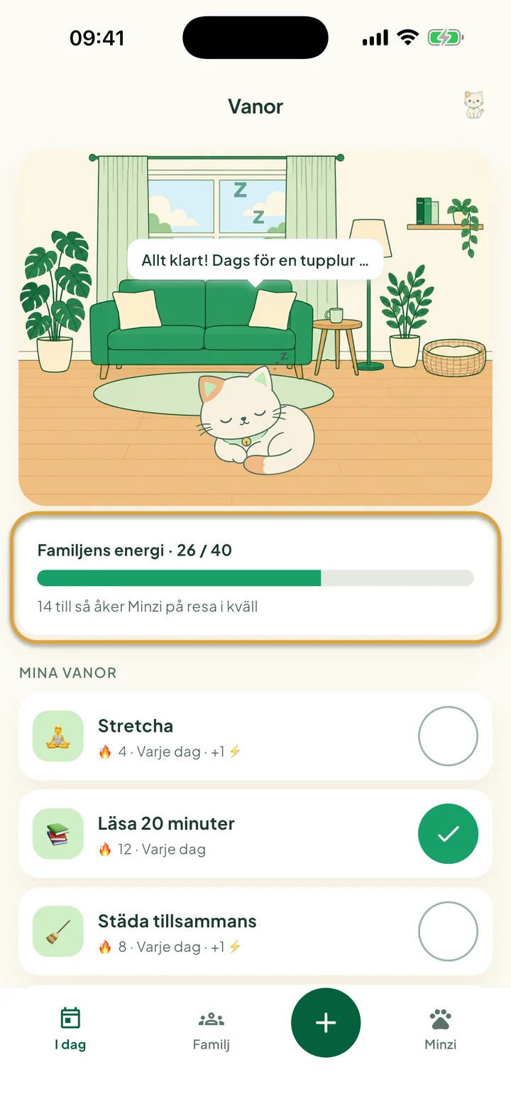 Skärmen Vanor med Minzi i sitt rum. Mätaren Familjens energi är inringad.