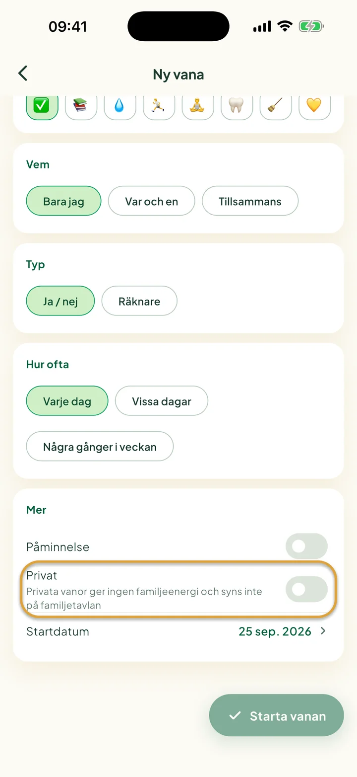 Delen Mer i formuläret för en ny vana. Reglaget Privat är inringat.