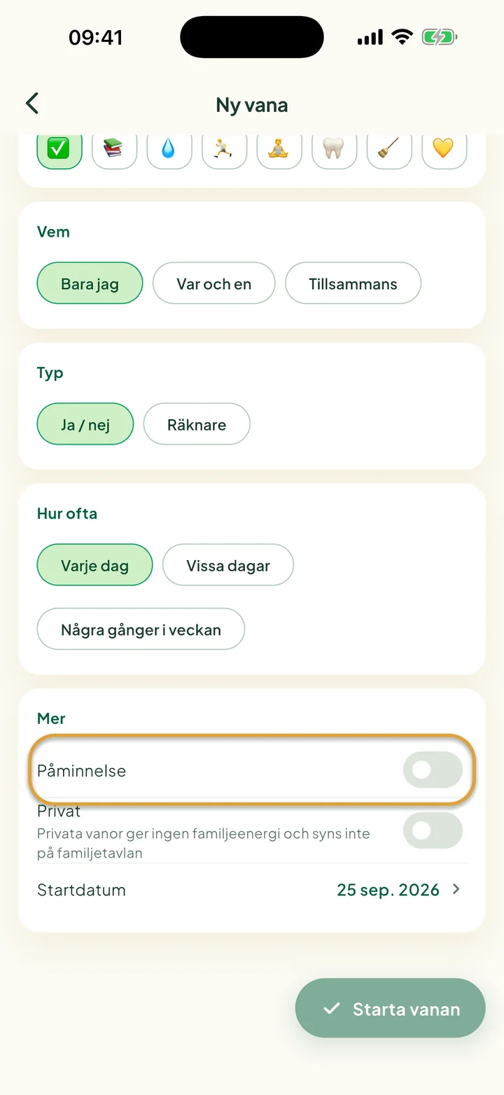 Delen Mer i formuläret för en ny vana. Reglaget Påminnelse är inringat.