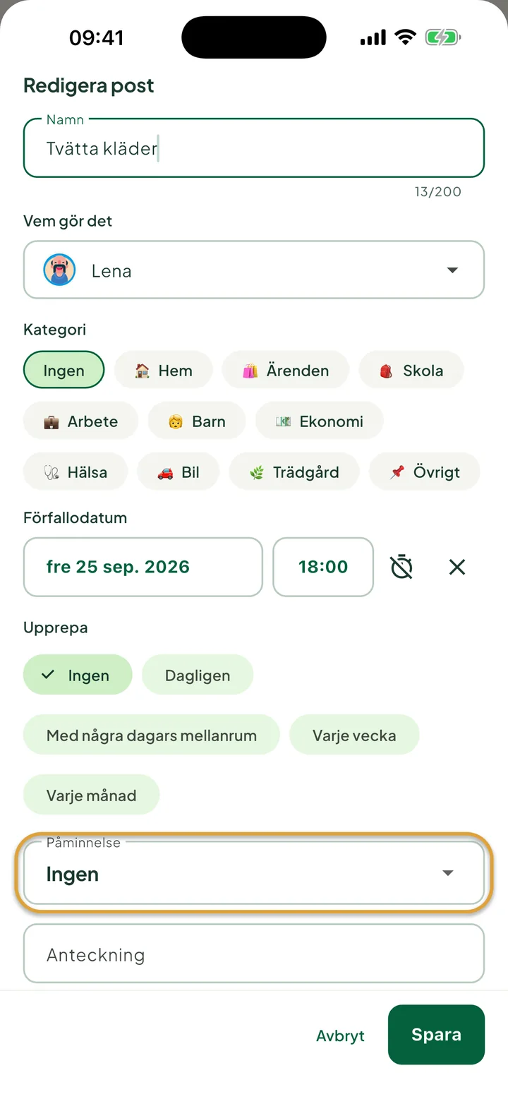 Rutan för att redigera en uppgift med förfallodatum och tid. Fältet Påminnelse är inringat.