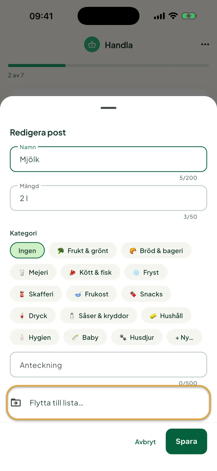 Rutan för att redigera Mjölk. Raden Flytta till lista… är inringad.