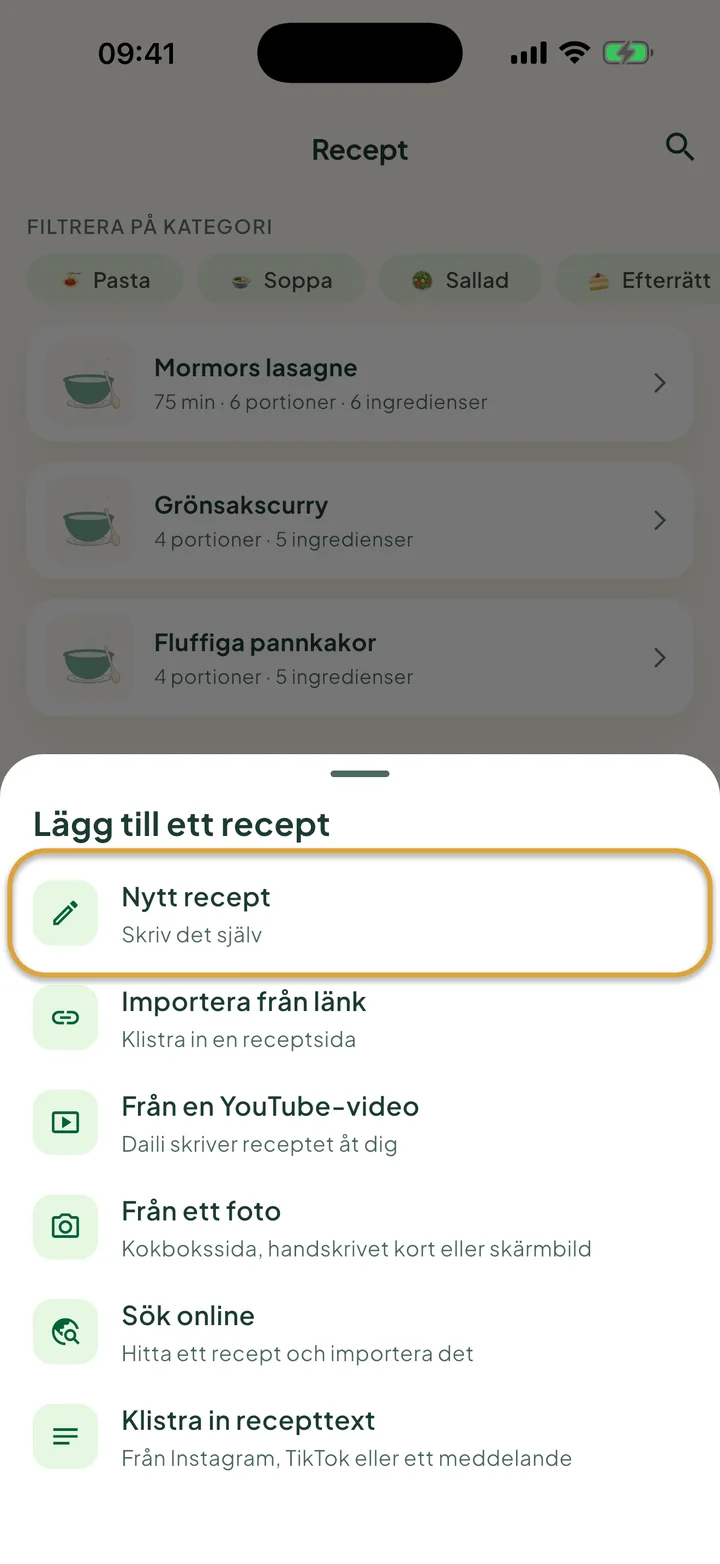 Skärmen Recept med menyn + öppen. Nytt recept är inringat.