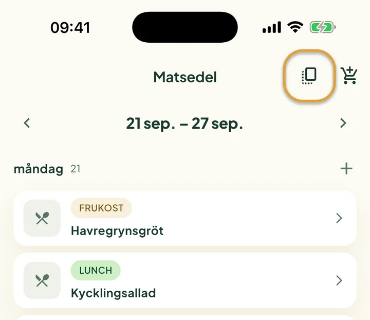 Den övre delen av matsedeln. Kopieringsknappen bredvid kundvagnen är inringad.