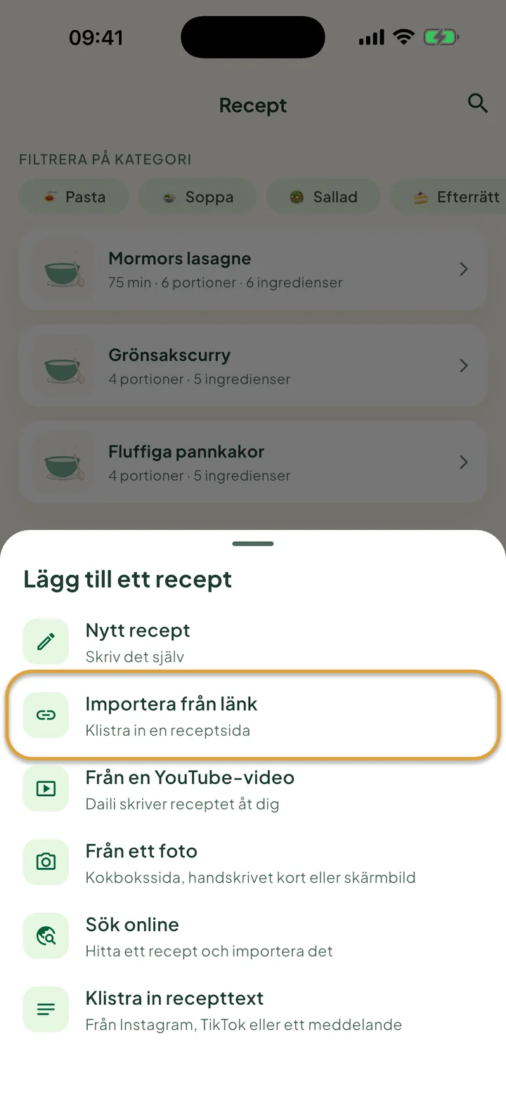 Skärmen Recept med menyn + öppen. Importera från länk är inringat.