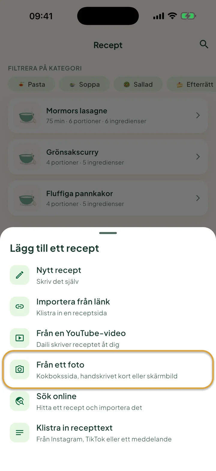 Skärmen Recept med menyn + öppen. Från ett foto är inringat.