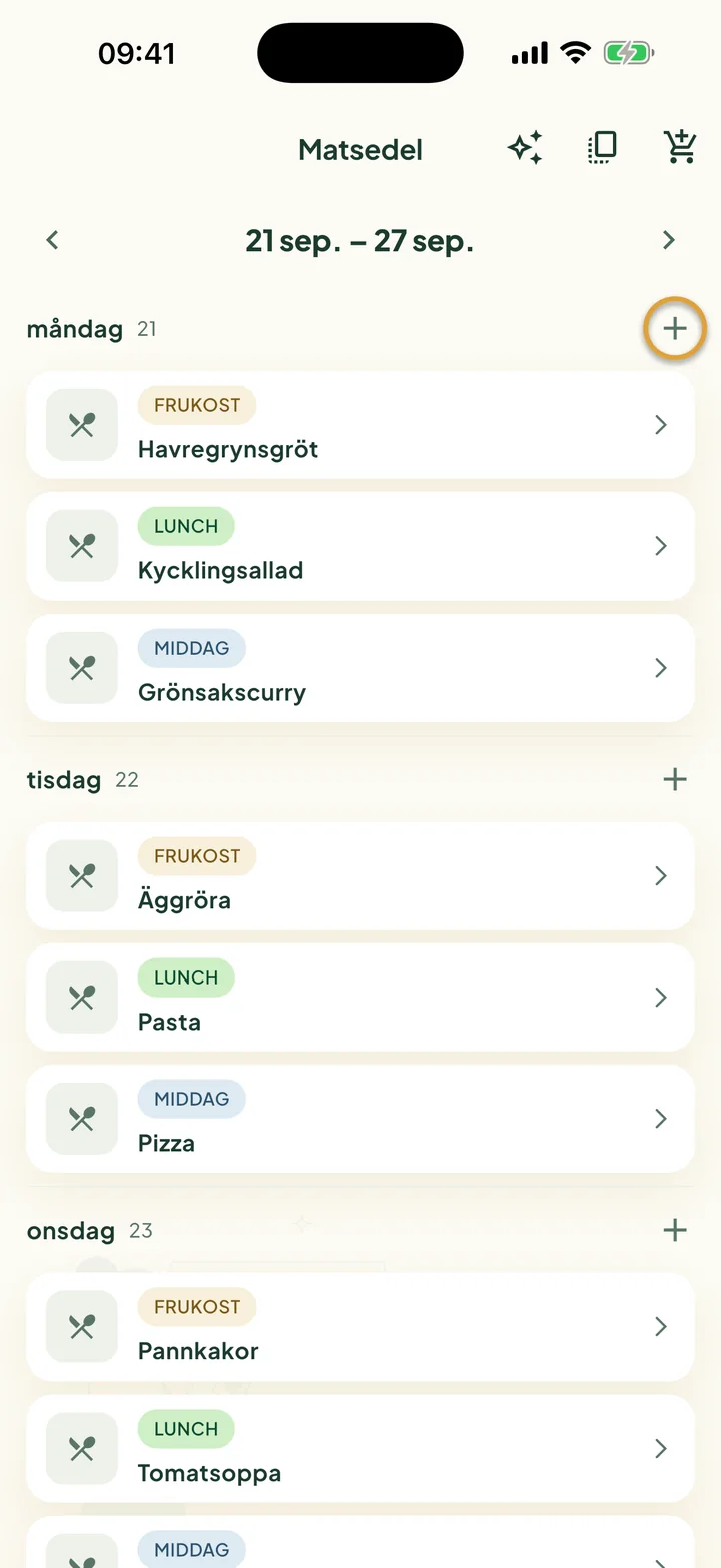 Matsedeln för en vecka. Plustecknet bredvid måndag är inringat.