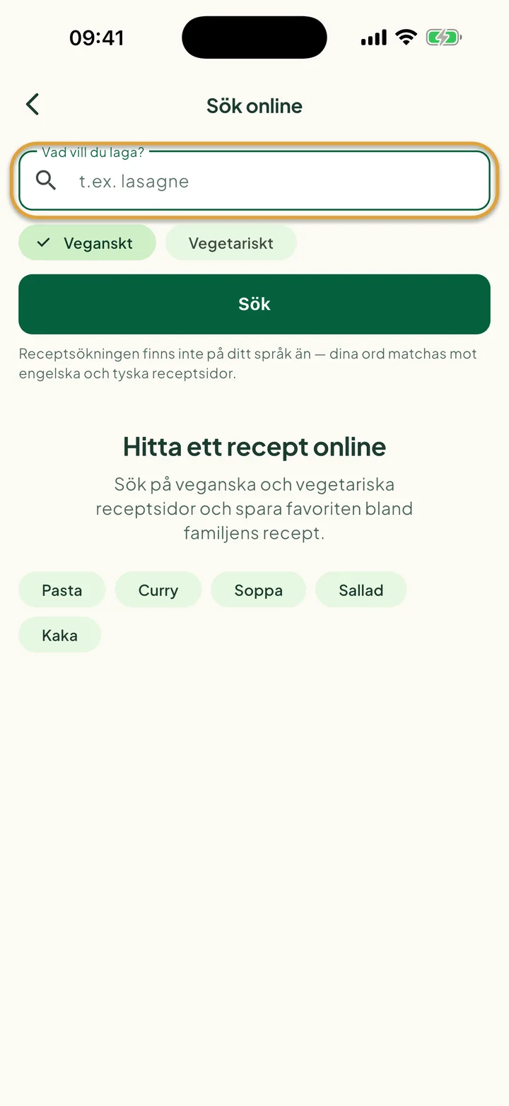 Skärmen Sök online. Sökfältet för vad du vill laga är inringat.