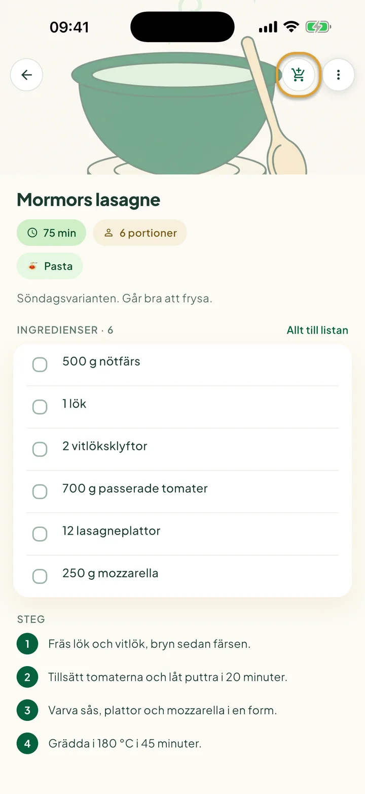 Ett recept med sina ingredienser. Kundvagnsknappen högst upp är inringad.