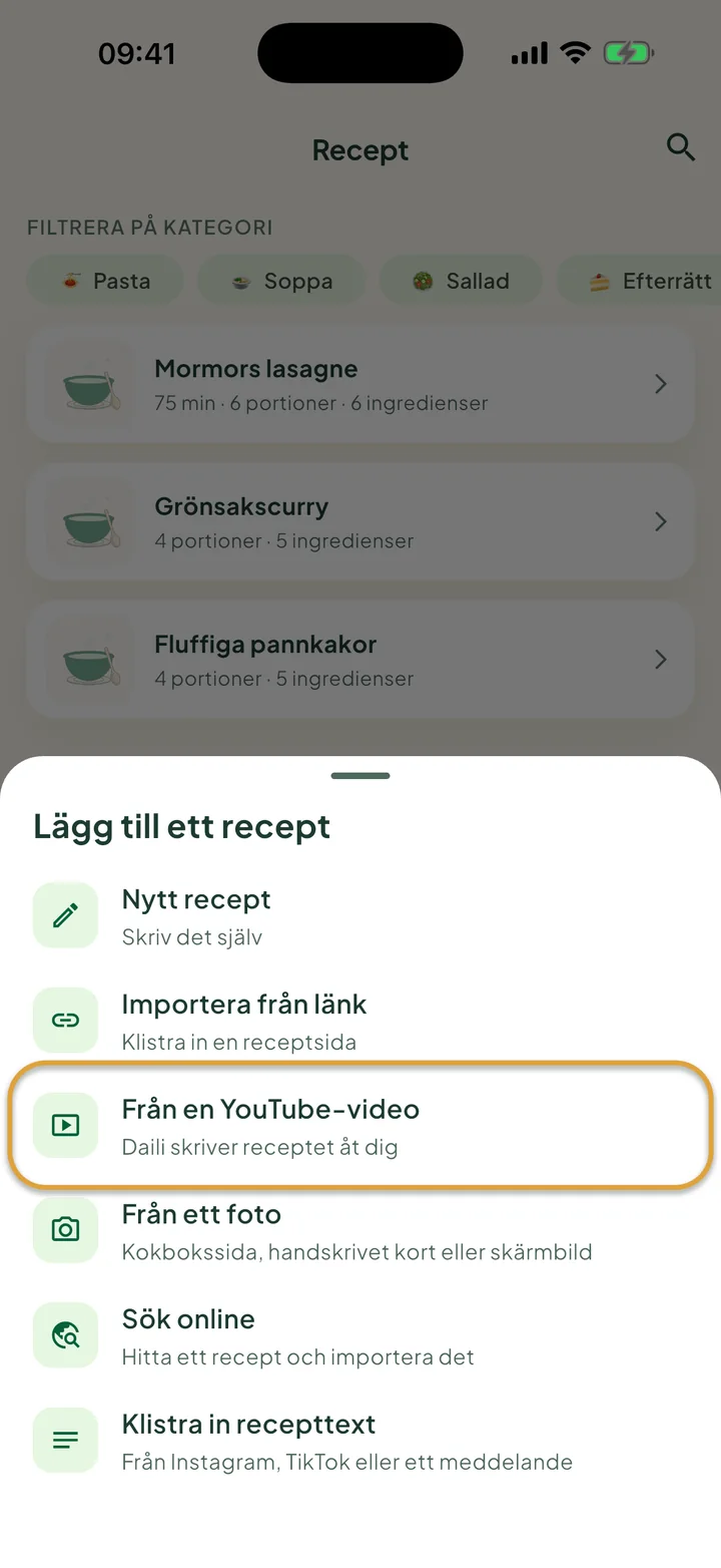Skärmen Recept med menyn + öppen. Från en YouTube-video är inringat.