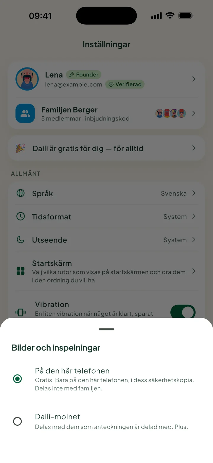 Bilder och inspelningar, med På den här telefonen vald och Daili-molnet under.