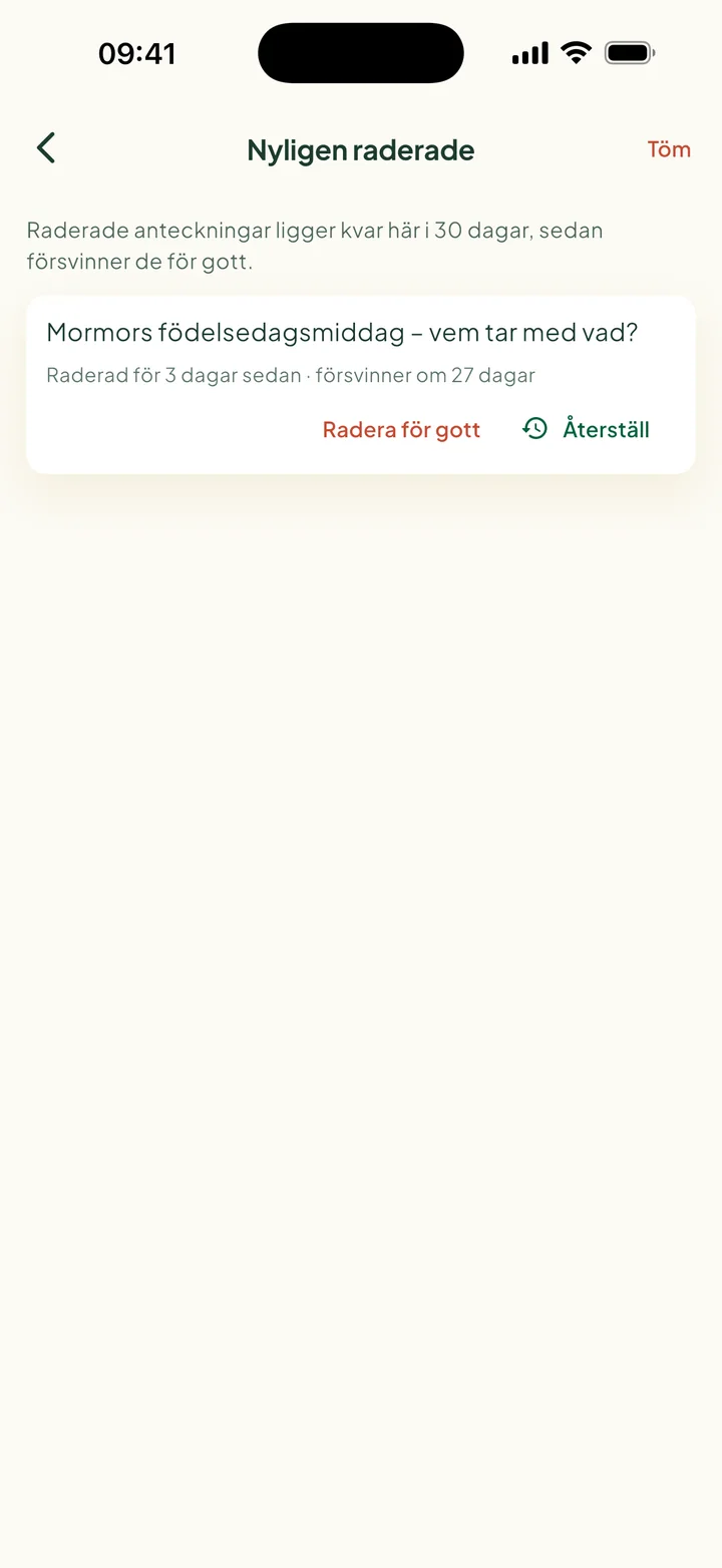 Nyligen raderade. En anteckning, borta om 27 dagar, med Radera för gott och Återställ.