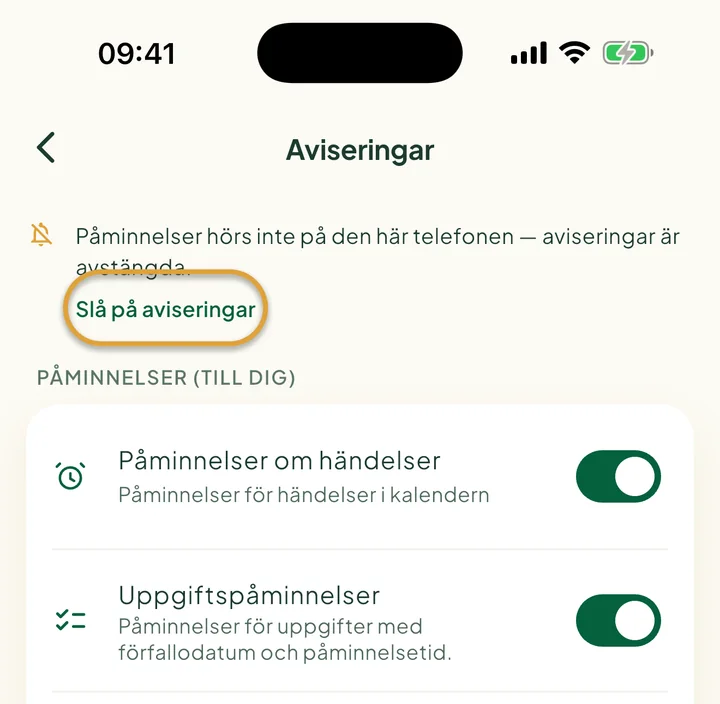Den övre delen av skärmen Aviseringar med en notis om att aviseringar är avstängda. Slå på aviseringar är inringat.