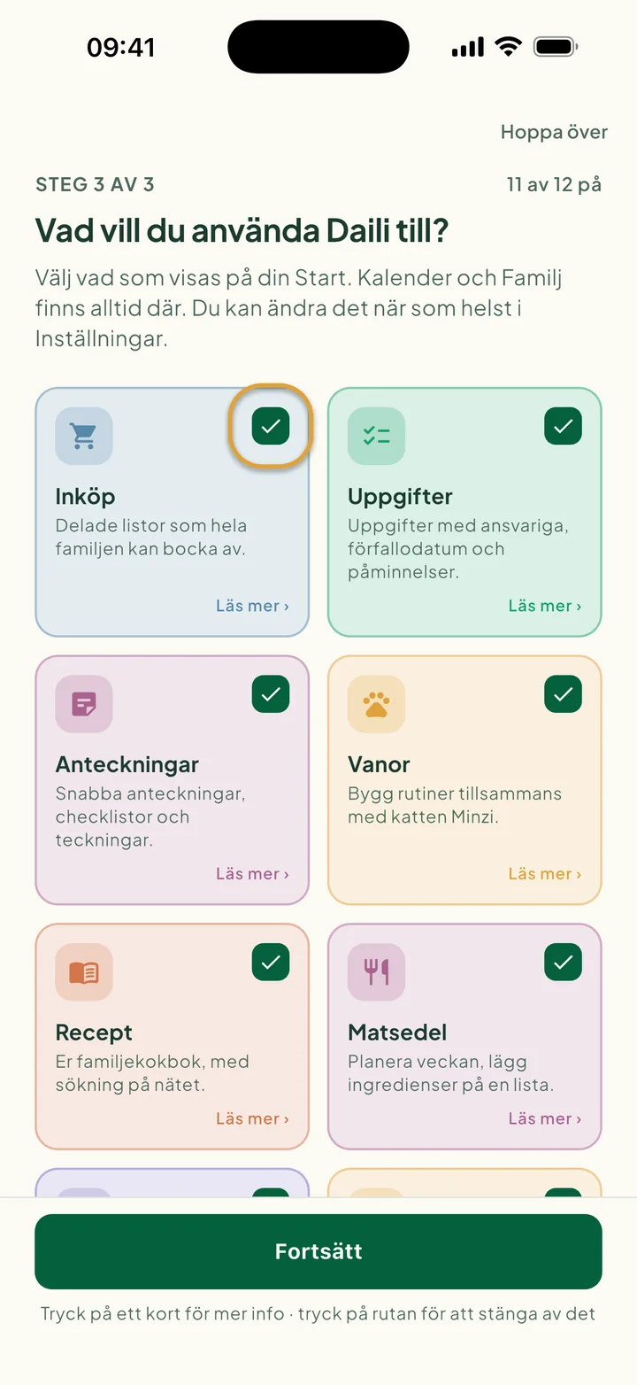 Funktionskorten. Rutan på kortet Inköp är inringad.