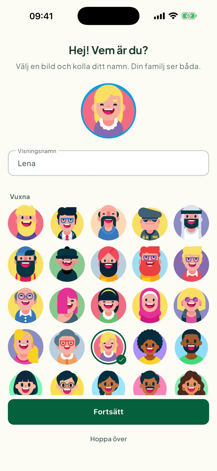 Steget Hej! Vem är du? med en vald bild och namnet ifyllt.