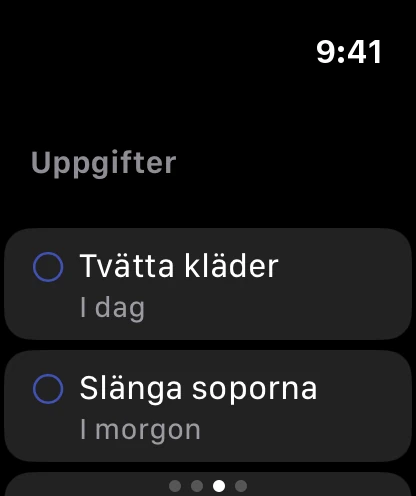 Sidan Uppgifter på klockan med två öppna uppgifter, som ska göras i dag och i morgon.