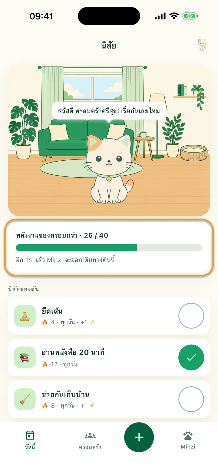 หน้า “นิสัย” ที่มี Minzi อยู่ในห้องของเธอ แถบ “พลังงานของครอบครัว” ถูกวงไว้