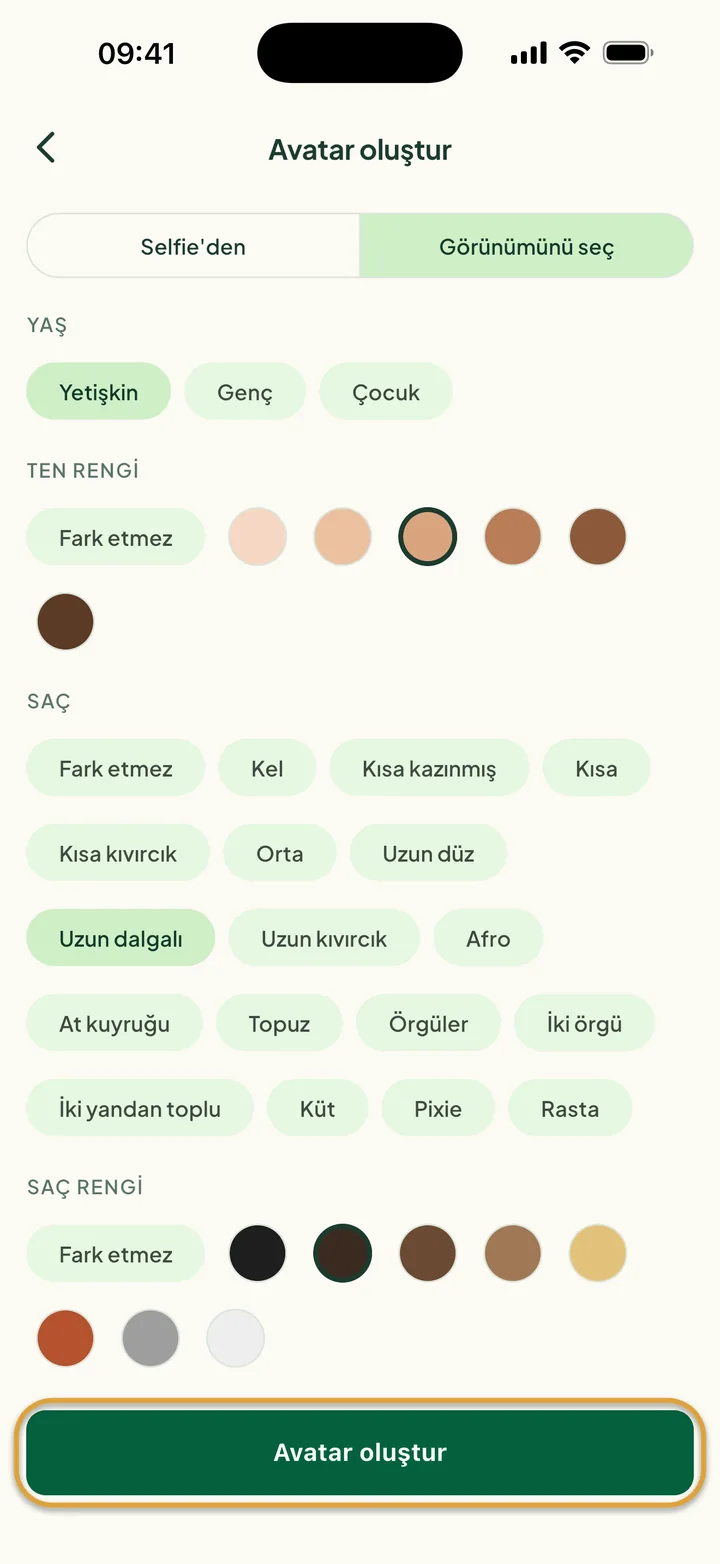Yetişkin, bir ten rengi, uzun dalgalı ve koyu kahverengi saç seçili Görünümünü seç ekranı. Avatar oluştur daire içine alınmış.