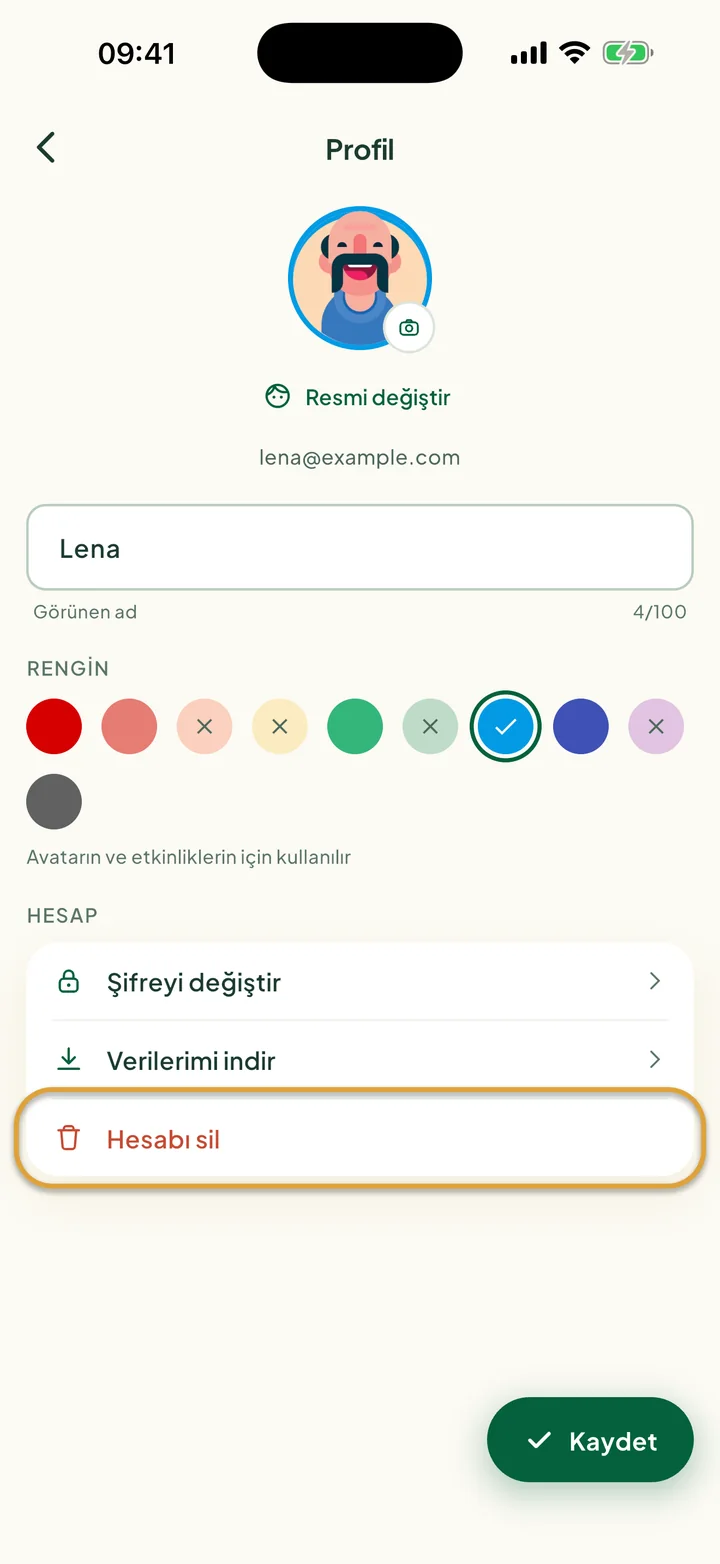Profil ekranı. Hesap altındaki son satır olan Hesabı sil daire içine alınmış.