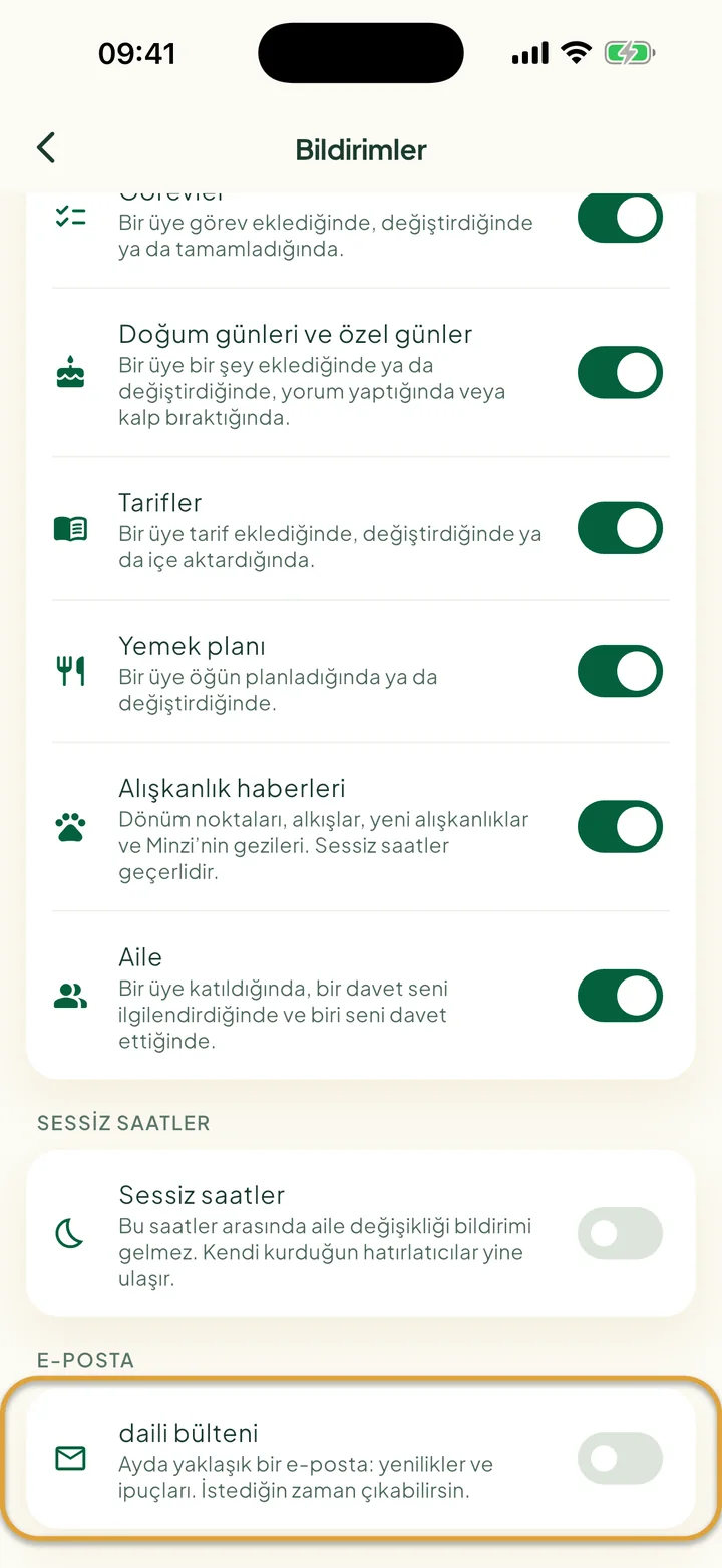 Bildirimler ekranının alt kısmı. E-posta altındaki daili bülteni anahtarı daire içine alınmış.