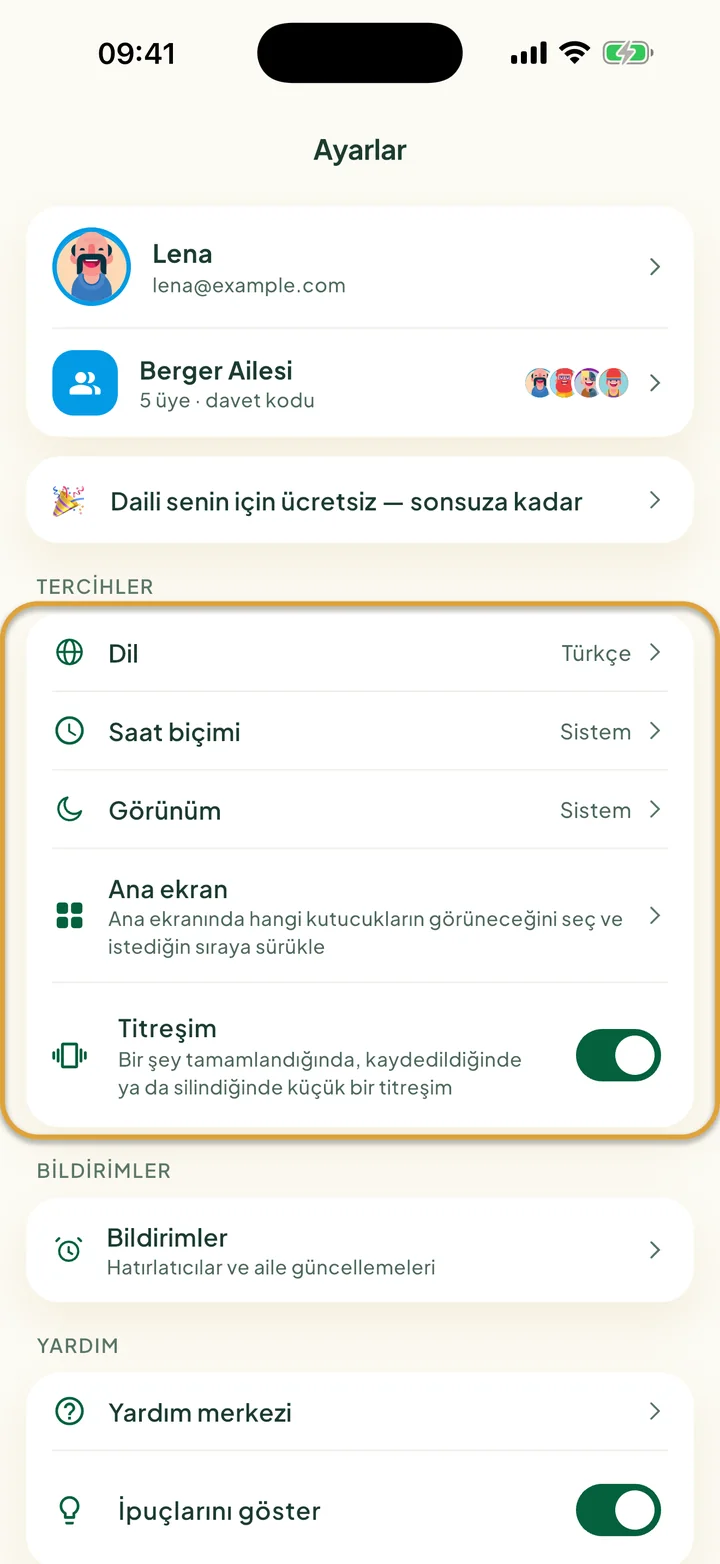 Ayarlar ekranı. Dil, Saat biçimi, Görünüm, Ana ekran ve Titreşim içeren Tercihler kartı daire içine alınmış.