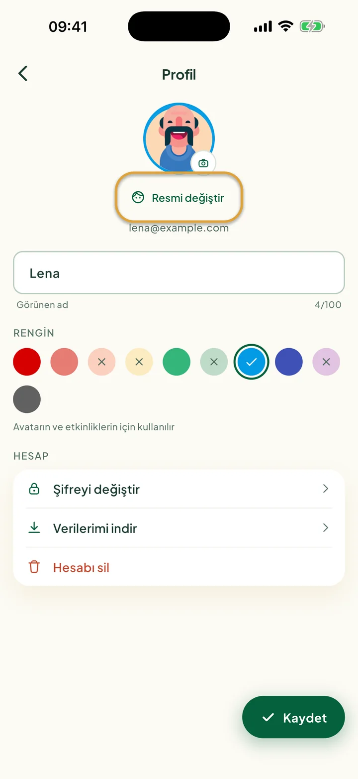 Ad, renkler ve hesap satırlarıyla profil ekranı. Resmi değiştir daire içine alınmış.