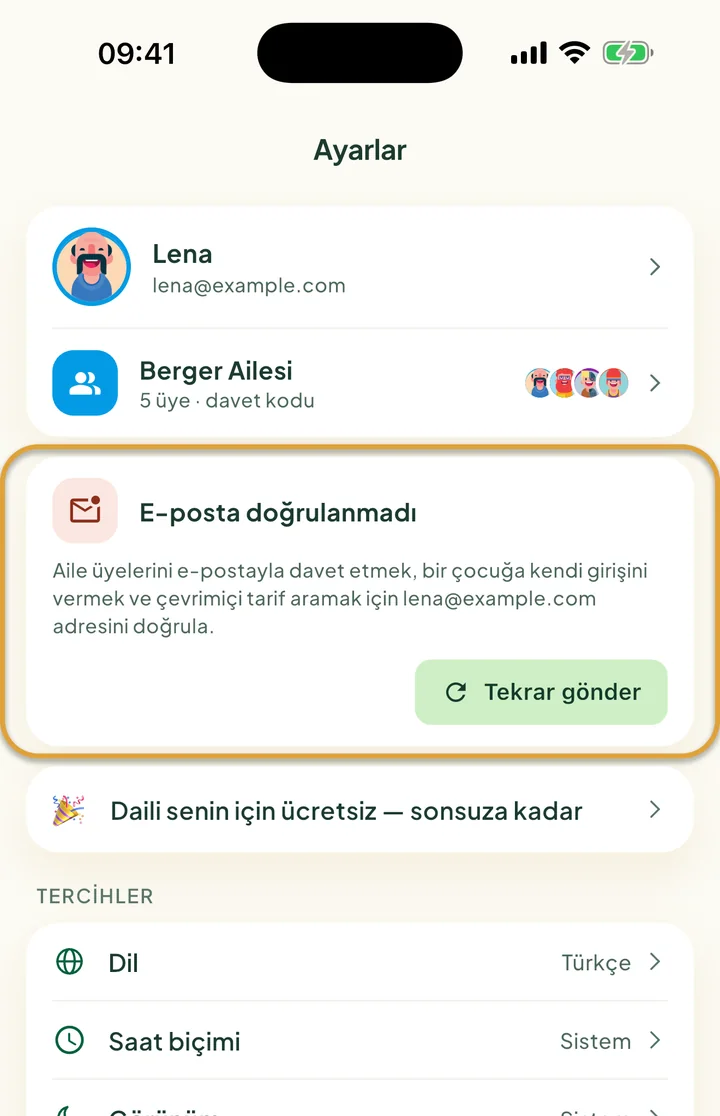 Ayarlar ekranının üst kısmı. Tekrar gönder düğmesiyle E-posta doğrulanmadı kartı daire içine alınmış.