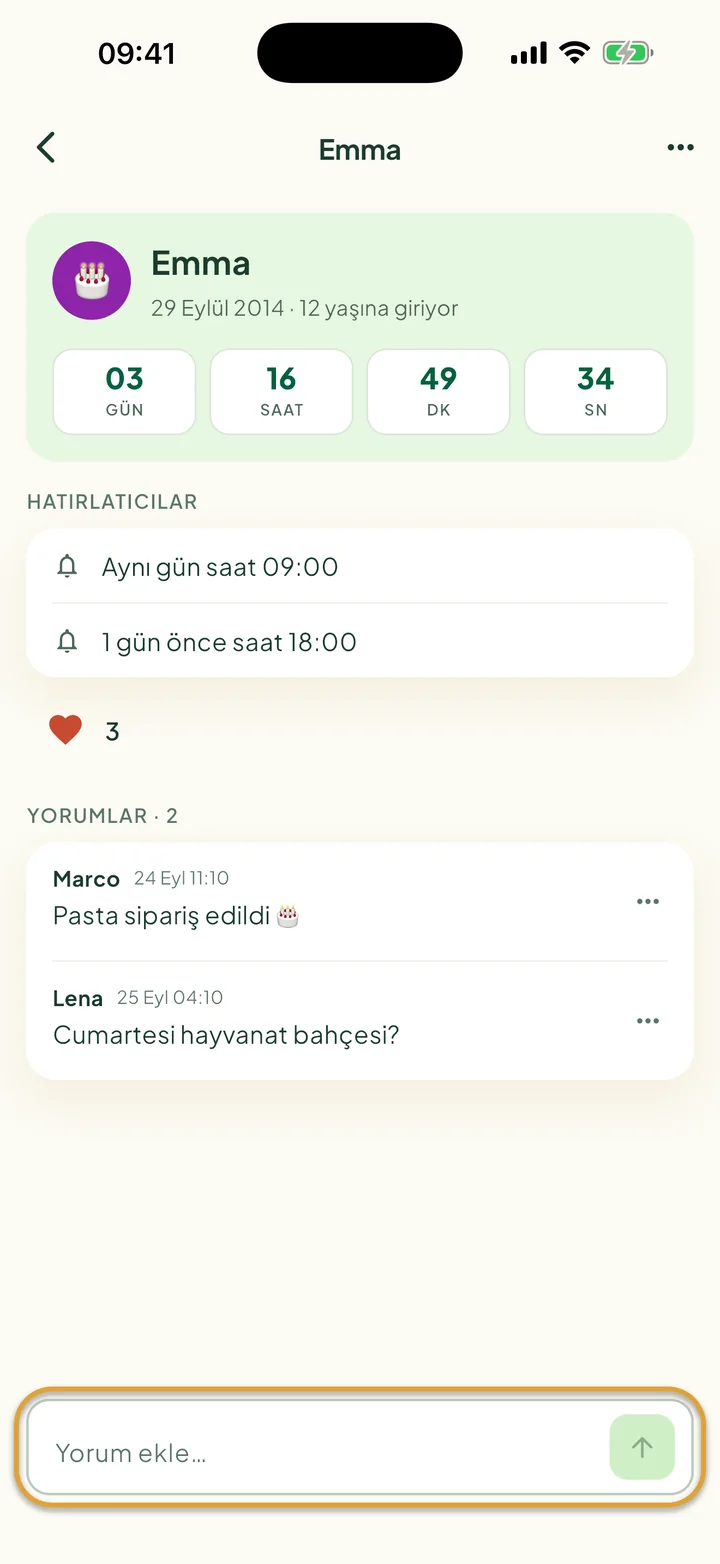Bir kalp ve iki yorumla bir doğum günü. Alttaki Yorum ekle… alanı daire içine alınmış.