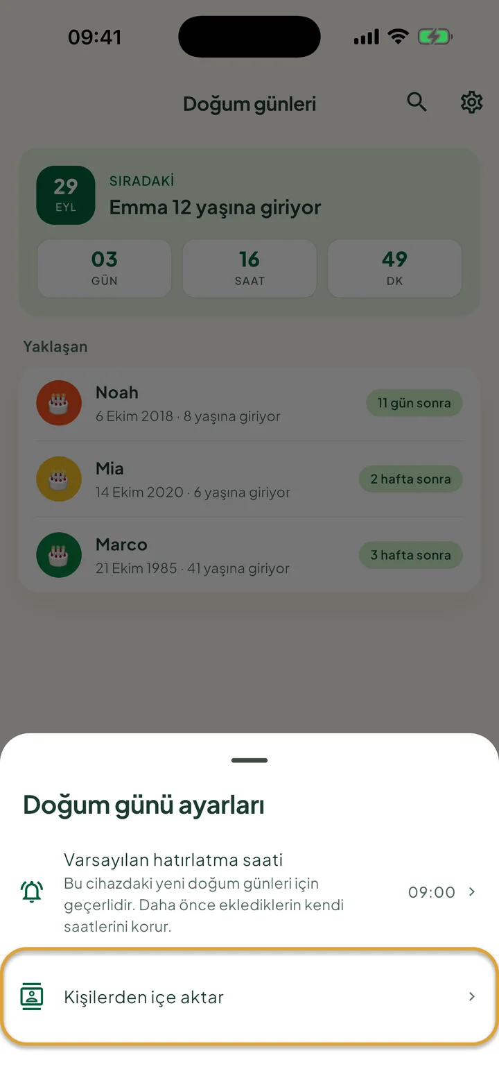 Doğum günü ayarları paneli. Kişilerden içe aktar satırı daire içine alınmış.