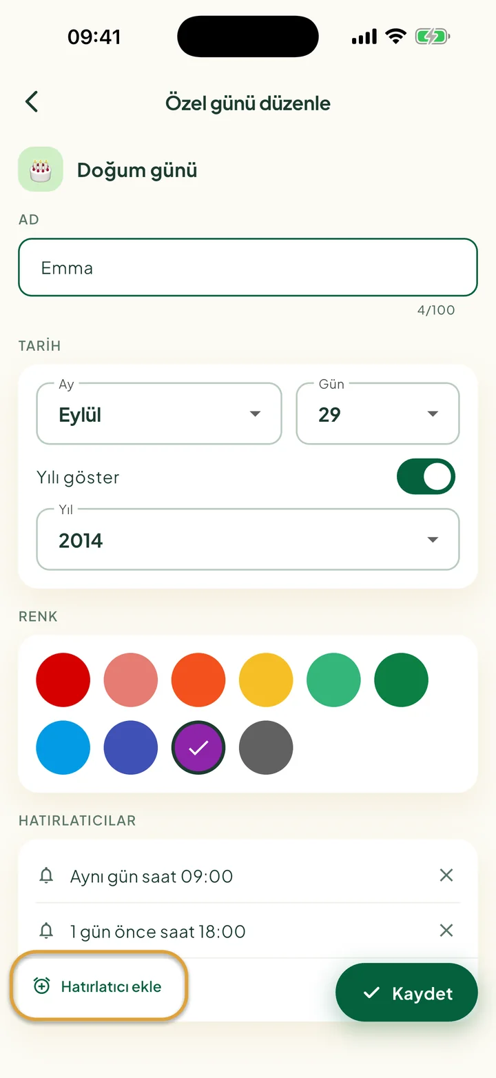 İki hatırlatıcıyla özel gün düzenleme ekranı. Hatırlatıcı ekle düğmesi daire içine alınmış.