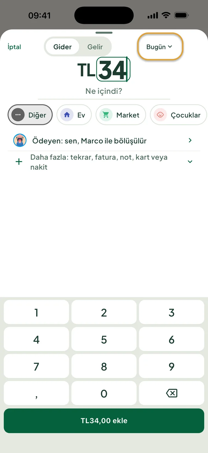 Sayı tuş takımıyla TL34'lük bir gider ekleniyor. Üstteki Bugün düğmesi daire içine alınmış.