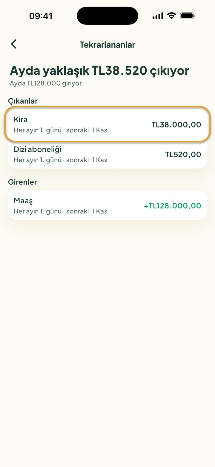 Tekrarlananlar ekranı: ayda yaklaşık TL38.520 çıkıyor, TL128.000 giriyor. Kira daire içine alınmış.