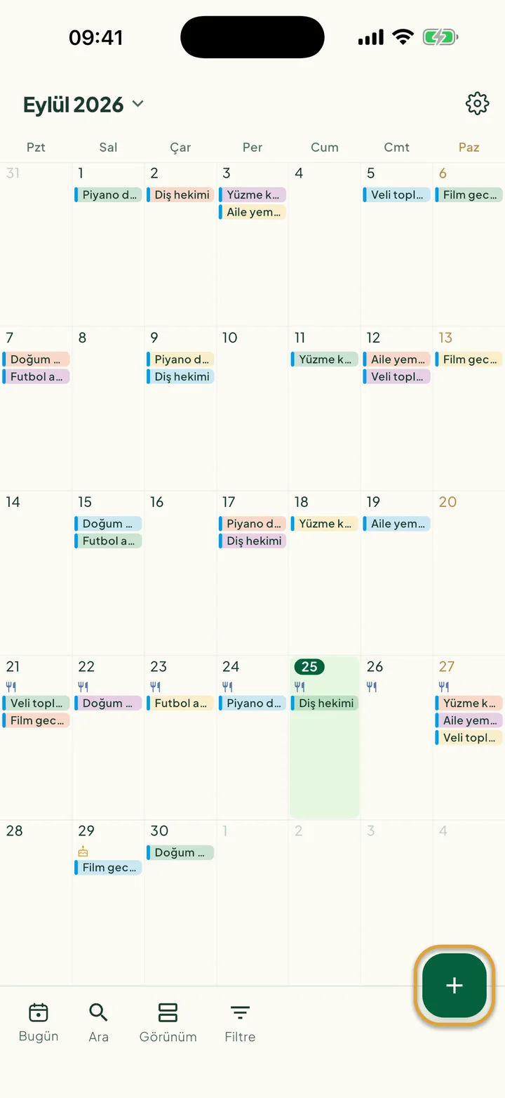 Ay görünümünde takvim. Sağ alttaki + düğmesi daire içine alınmış.