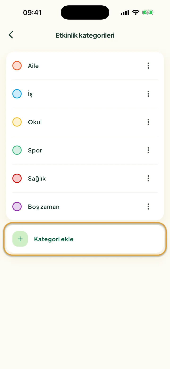 Altı kategoriyle Etkinlik kategorileri ekranı. Kategori ekle satırı daire içine alınmış.
