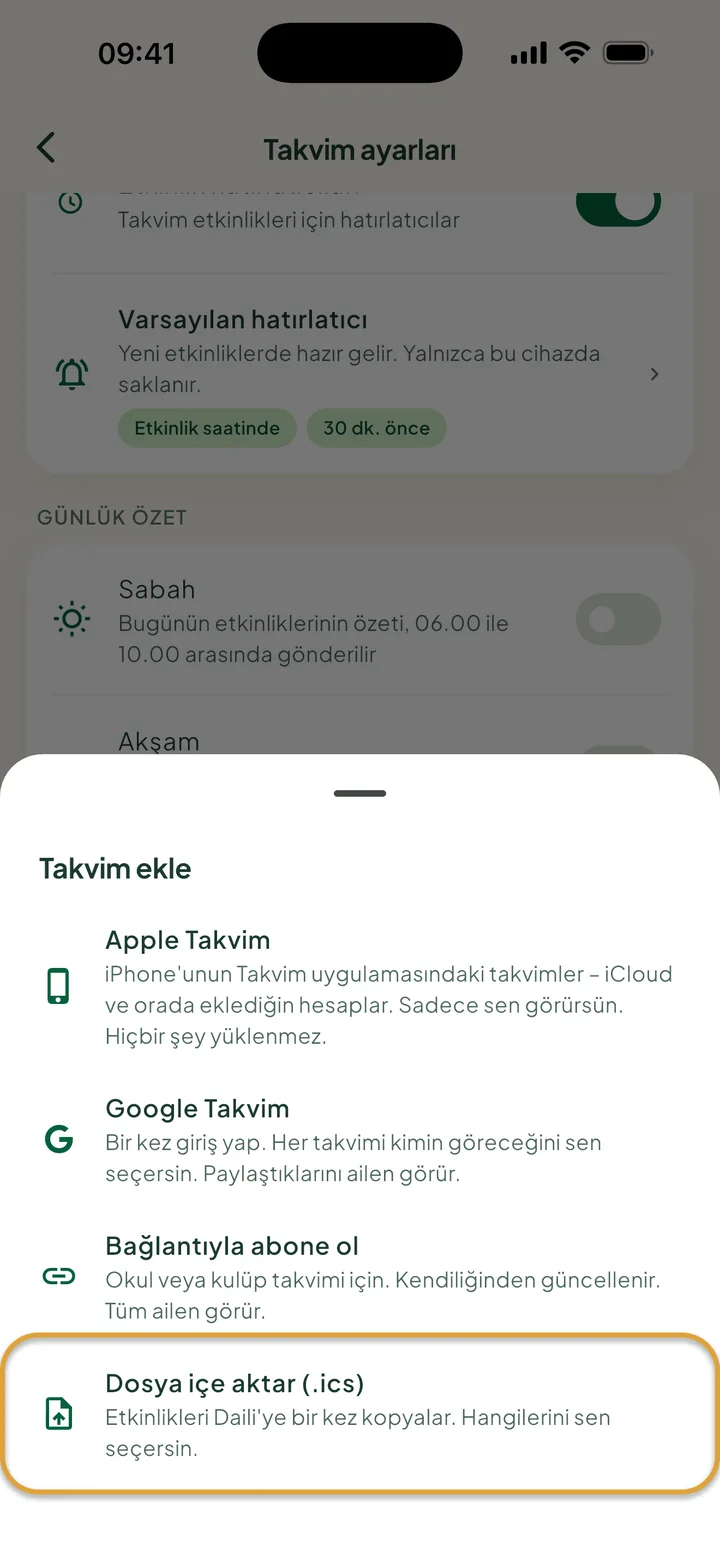 Takvim ayarlarındaki Takvim ekle penceresi. Dosya içe aktar (.ics) daire içine alınmış.