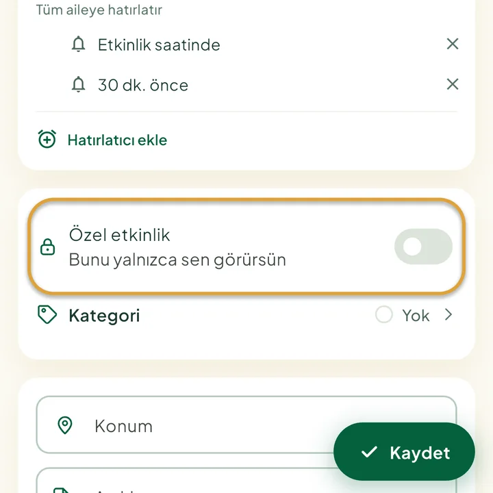 Etkinlik formu. Özel etkinlik anahtarı daire içine alınmış.