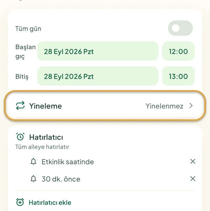 Yeni etkinlik formu. Yineleme satırı daire içine alınmış.
