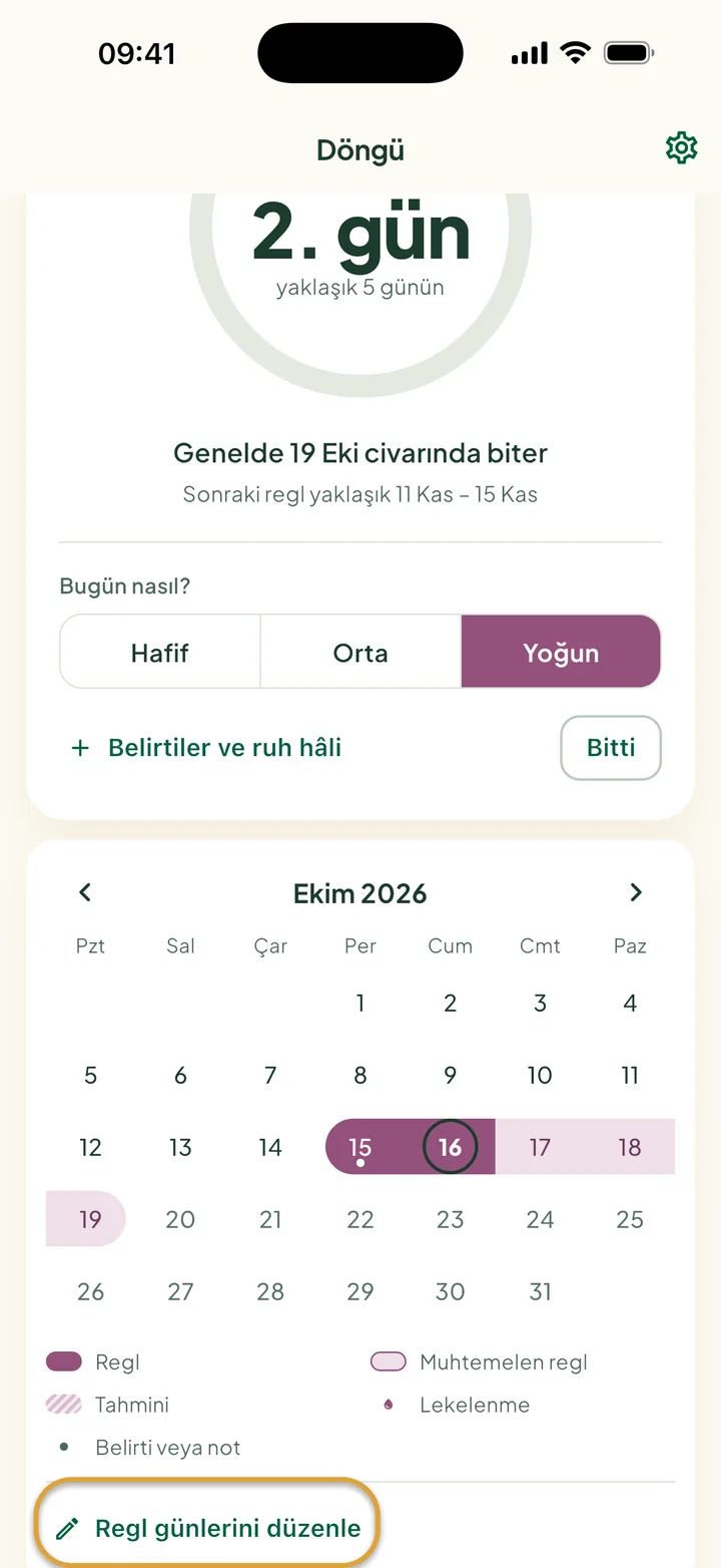 2. regl gününde Döngü ayı: 15–16 Eki'de bir şerit, ardından açık renkli günler ve halkalı bugün. Regl günlerini düzenle daire içine alınmış.