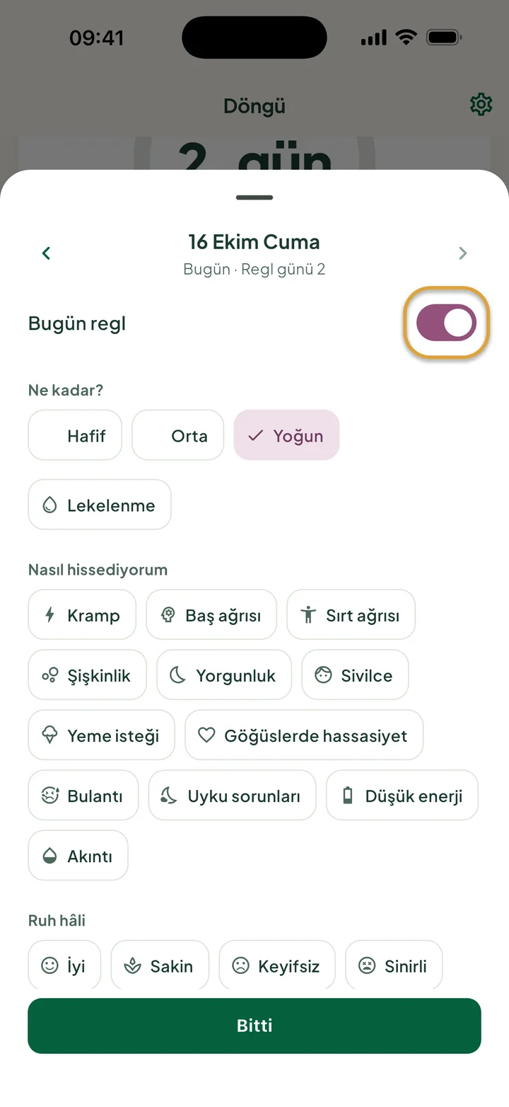 16 Ekim Cuma için gün paneli: Bugün regl açık ve Yoğun seçili. Anahtar daire içine alınmış.