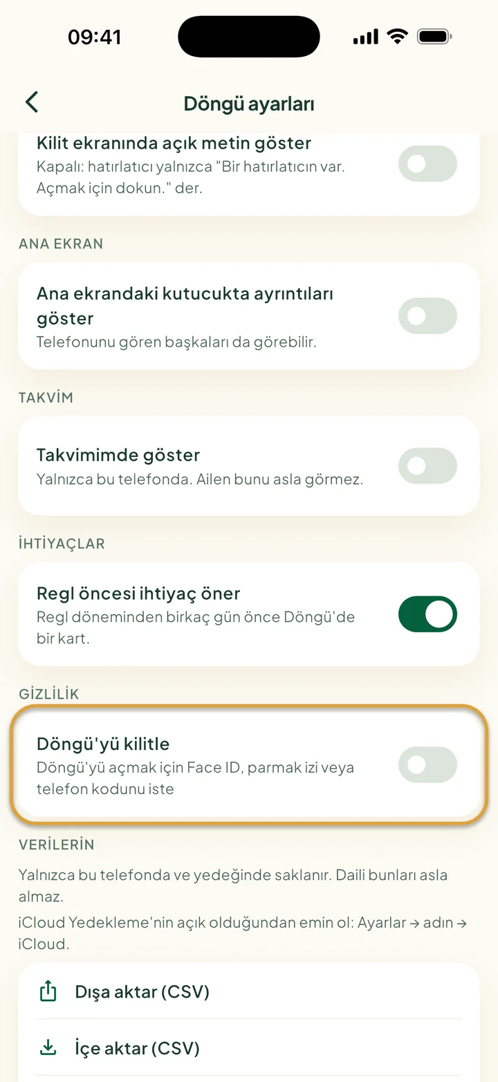 Takvimimde göster, ihtiyaç anahtarı, Dışa aktar ve İçe aktar ile Döngü ayarları. Döngü'yü kilitle daire içine alınmış.