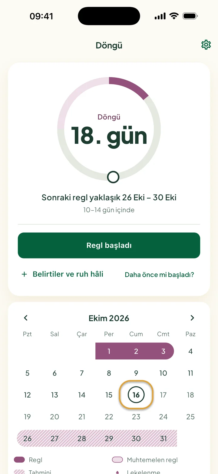 18. günde Döngü kartı: "Sonraki regl yaklaşık 26 Eki – 30 Eki" ve Regl başladı düğmesi. Aşağıdaki ayda bugün daire içine alınmış.