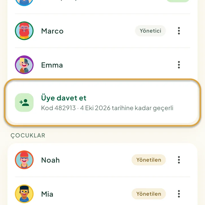 Aile ekranı. Altında geçerli kod ve bitiş tarihi olan Üye davet et daire içine alınmış.