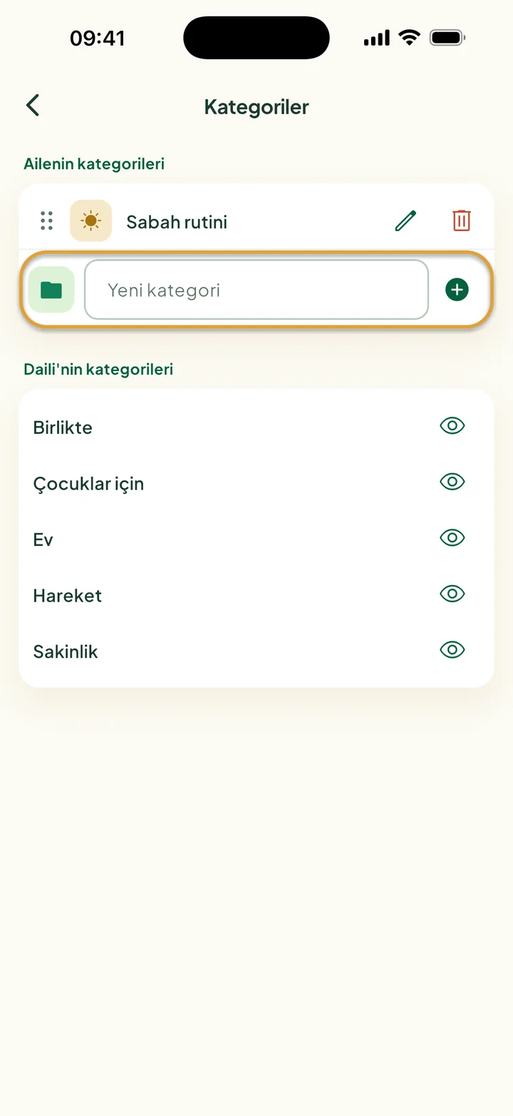 Sabah rutini kategorisiyle Kategoriler ekranı. Yeni kategori alanı daire içine alınmış.