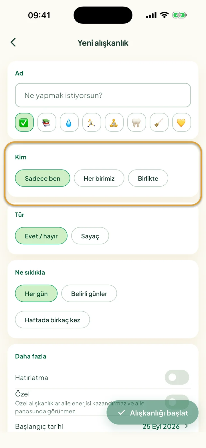 Yeni alışkanlık formu. Kim altındaki Sadece ben, Her birimiz ve Birlikte seçenekleri daire içine alınmış.