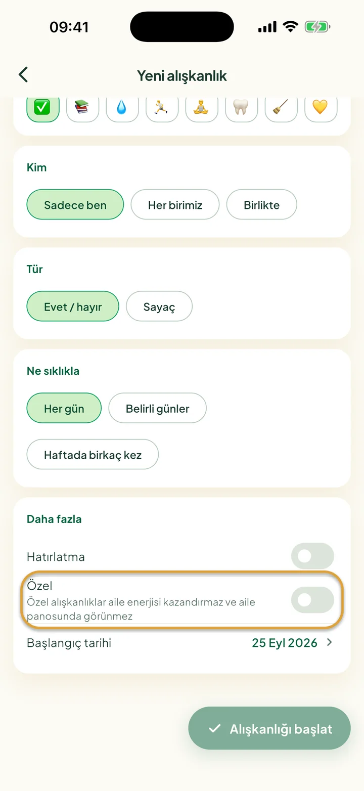 Yeni alışkanlık formunun Daha fazla bölümü. Özel anahtarı daire içine alınmış.
