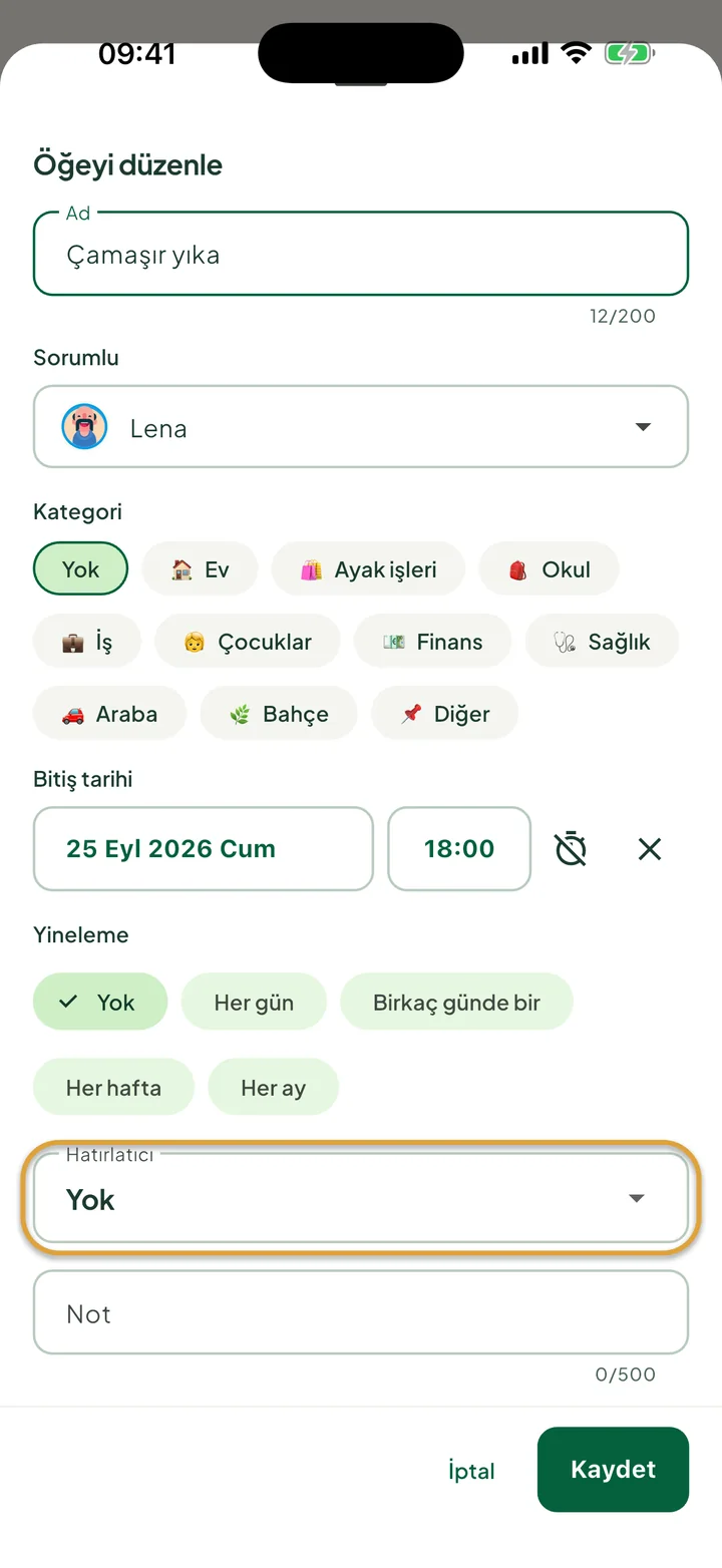 Tarihi ve saati olan bir görevin öğe düzenleme paneli. Hatırlatıcı alanı daire içine alınmış.